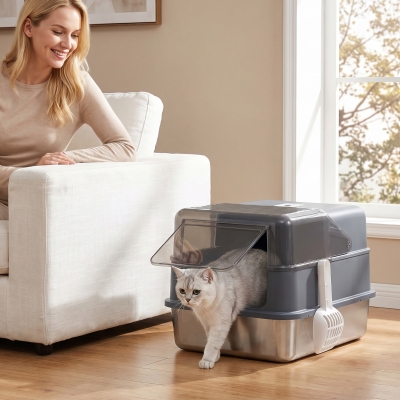 PawHut Stainless Steel Cat Litter Box with Lid, High Sided Enclosed Metal Litter Box w/ Scoop, Deodorization Bags for Cats