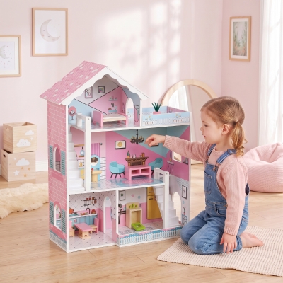 Qaba Wooden Doll House, Large 3-Storey Modern Dollhouse with 6 Rooms and 10 Accessories, for Girls Boys 3-6 Years, Pink