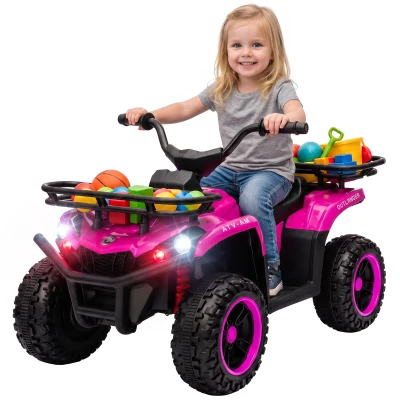 Qaba 12V Kids ATV, Electric Ride On Quad with Dual Motors, Soft Start, Battery Display, Music, Lights for 3-8 Years, Pink