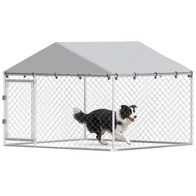 PawHut 6.6' x 6.6' x 4.9' Outdoor Dog Kennel Heavy Duty Galvanized Steel Chain Link with UV-resistant Roof, Silver