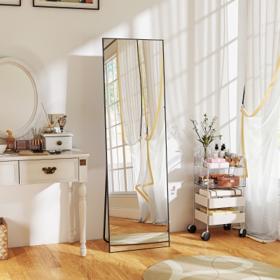 HOMCOM 64"x20" Full Length Mirror, Tempered Glass Floor Mirror with Stand, Standing, Hanging or Leaning Against Wall, Black