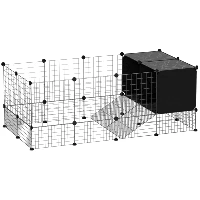 PawHut Guinea Pig Cage, Small Animal Playpen with 31 Panels, Elevated Huts, Non-Slip Mats, Black