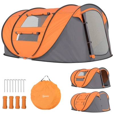 Outsunny 3 Person Camping Tent, Easy Pop Up Tent with Doors, Windows and Carry Bag, Automatic Setup Tent for Hiking, Orange