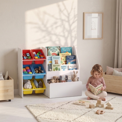 Qaba Kids Bookshelf and Toy Storage, 3-Tier Bookcase with 6 Removable Bins and Box for Toddler Nursery Playroom, Multi
