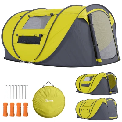 Outsunny 3 Person Camping Tent, Easy Pop Up Tent with Doors, Windows and Carry Bag, Automatic Setup Tent for Hiking, Yellow