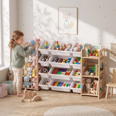 Qaba 3-in-1 Wooden Toy Storage Organizer with Stuffed Animal Storage, Bookshelf, 12 Bins for Bedroom, Playroom, Nursery