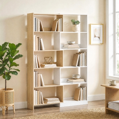 HOMCOM Corner Bookshelf, 5-Tier L-Shaped Bookcase with 350° Rotating Design, Two-Tone Design, Fruitwood/White