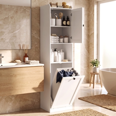 HOMCOM 67" Tall Bathroom Storage Cabinet, Freestanding Narrow Bathroom Cabinet with Tilt-out Laundry Basket, White