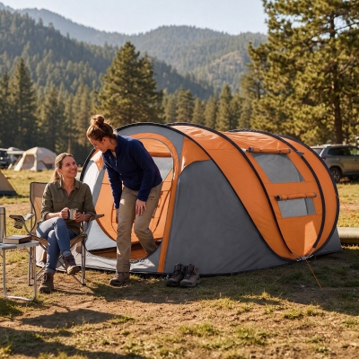 Outsunny 3 Person Camping Tent, Easy Pop Up Tent with Doors, Windows and Carry Bag, Automatic Setup Tent for Hiking, Orange