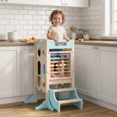 Qaba 6-in-1 Montessori Toddler Kitchen Step Stool Tower, Blue