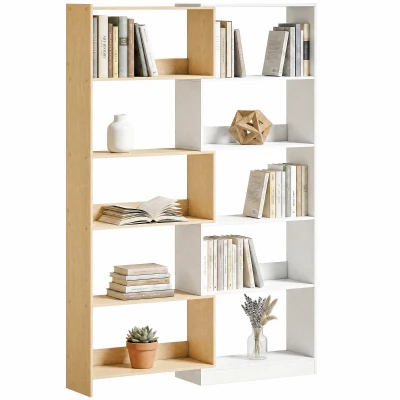 HOMCOM Corner Bookshelf, 5-Tier L-Shaped Bookcase with 350° Rotating Design, Two-Tone Design, Fruitwood/White