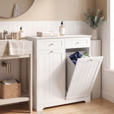 HOMCOM Laundry Cabinet with 2 Removable Laundry Bags, Tilt-Out Laundry Hamper with 2 Drawers, White