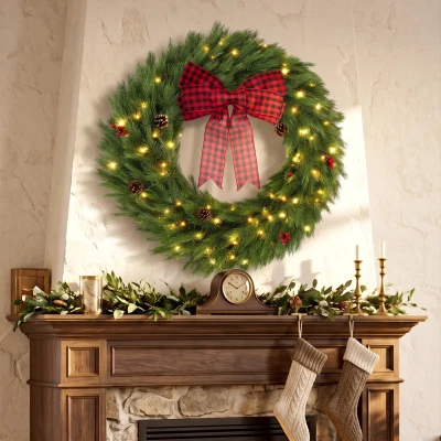HOMCOM 36" Pre-Lit Norwegian Spruce Christmas Wreath, 100 LED, Green