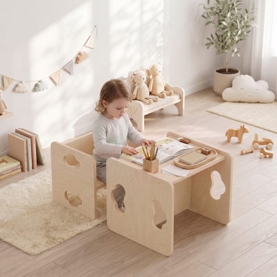 Qaba Montessori Kids Table and Chair Set with 3-Level Heights for 18-36 Months Toddlers, Learning, Play and Mealtime, Natural