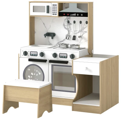 Qaba Kids Kitchen Playset, 2-in-1 Convertible Table and Chair Set with Sink, Oven, Microwave, Accessories for 3-8