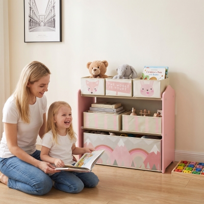 Qaba Toy Organizer with 6 Storage Bins, 25" x 12" x 26", Pink
