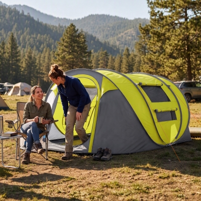 Outsunny 3 Person Camping Tent, Easy Pop Up Tent with Doors, Windows and Carry Bag, Automatic Setup Tent for Hiking, Yellow
