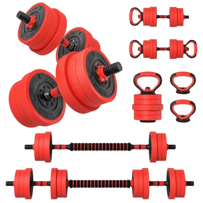 Soozier 44lbs 4-in-1 Adjustable Weight Dumbbell Set, Barbell, Kettlebell, Push Up Stand, Red