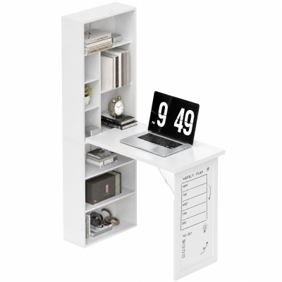 HOMCOM Fold-out Convertible Office Desk, Wall Mount Computer Desk with Whiteboard and Side Shelf, White