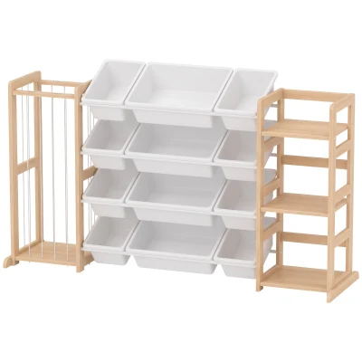 Qaba 3-in-1 Wooden Toy Storage Organizer with Stuffed Animal Storage, Bookshelf, 12 Bins for Bedroom, Playroom, Nursery
