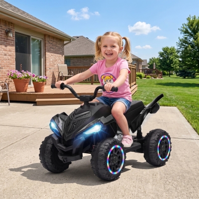 Qaba 12V Kids ATV with Dual Motors, Rear Suspension, 2.2 MPH Max, Light-Up Wheels, Music, Horn, Headlights for 3-6, Black