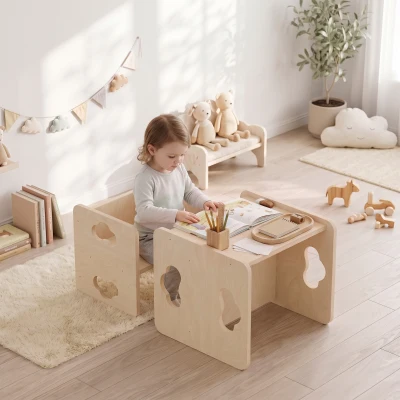 Qaba Montessori Kids Table Chair Set, 3-Level Height, Natural