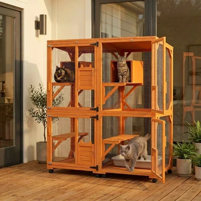 PawHut 2PC Wooden Catio with Waterproof Roof & Wheels, Orange