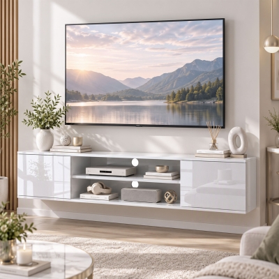 HOMCOM Floating TV Stand Cabinet for TVs up to 60", Wall Mounted TV Unit with Open Shelf, Storage Cupboards, White