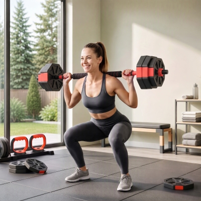 Soozier 6-in-1 Adjustable Dumbbell Set, Used as Kettlebell, Barbell, Dumbbell, Push-Up Stand, 55lbs Free Weights Set, Red