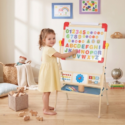Qaba Art Easel for Kids, 3-in-1 Wooden Standing Kids Easel, Double-Sided Whiteboard Chalkboard, 360° Rotating for 3-8 Natural