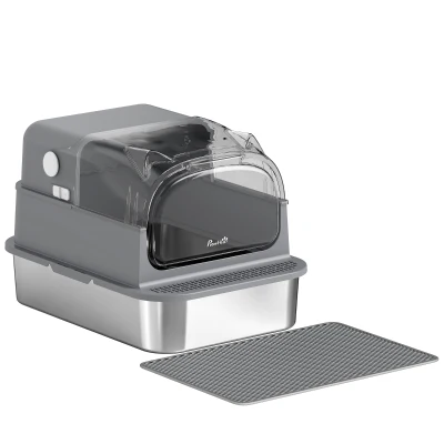 PawHut Stainless Steel Cat Litter Box with 95° Flip Lid, XXL Enclosed Metal Litter Box w/ Mat, Scoop, for Big Cats, 28"x20"x18"