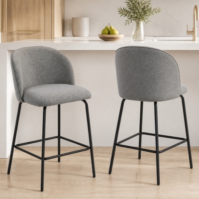 HOMCOM Set of 2 Counter Height Barstools, Upholstered Linen Bar Stools with Backrest, Footrest and Steel Legs, Dark Grey