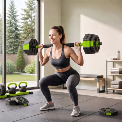Soozier 6-in-1 Adjustable Dumbbell Set, Used as Kettlebell, Barbell, Dumbbell, Push-Up Stand, 55lbs Free Weights Set, Green