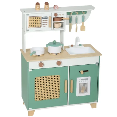 Qaba Wooden Play Kitchen Set with Microwave, Coffee Machine, Ice Maker & 19PCs Accessories, Gift for Ages 3-6 Years, Green