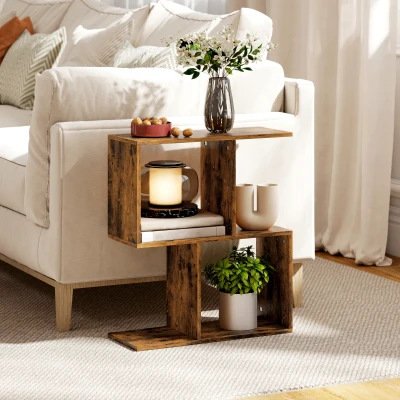 HOMCOM S-Shaped End Table, 3-Tier Narrow Side Table, Rustic Brown