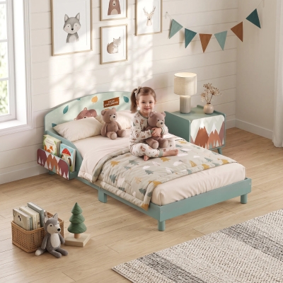 Qaba Toddler Bed with Bedside Storage, Guard Rails, Montessori Bed for Ages 3-8, Fits 132x70x10cm Mattress, Green Bear Print