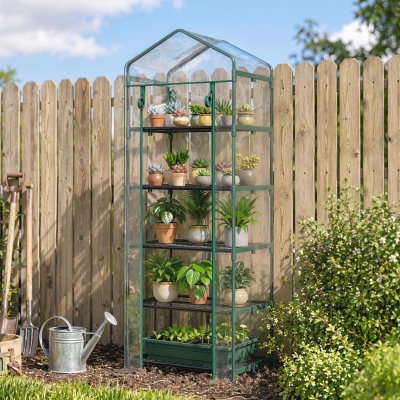Outsunny 5 Tier Mini Greenhouse, Portable Outdoor Flower Stand with Shelf Clips, Indoor Greenhouse with Steel Frame, Transparent, 27.25" x 19.25" x 76", Clear