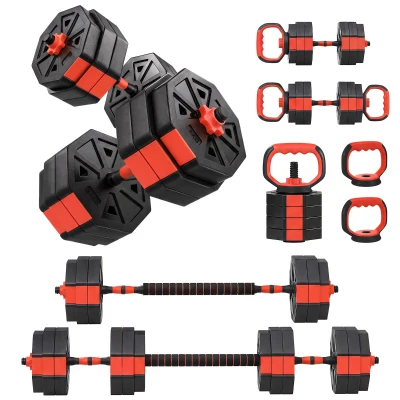 Soozier 6-in-1 Adjustable Dumbbell Set, Used as Kettlebell, Barbell, Dumbbell, Push-Up Stand, 55lbs Free Weights Set, Red