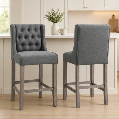 HOMCOM 26.25" Tufted Wingback Bar Stools, Set of 2, Gray