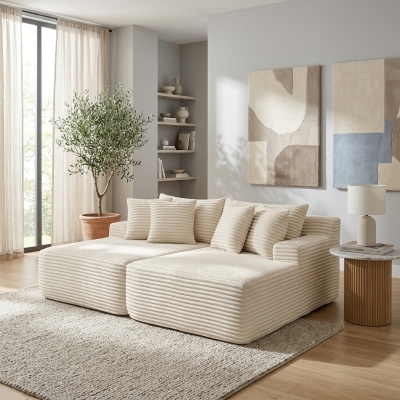 2-Seater Compressed Foam Lounge Sofa with Velvet Fabric and No Wood Frame, Beige