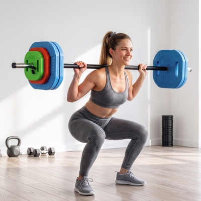 Soozier 66lbs Adjustable Barbell Weight Set, Barbell Bar with Weight Plates, Non-slip Handle, Multicolour