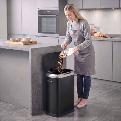 HOMCOM Automatic Trash Can, 13.2Gal / 50L Touchless Garbage Can with Soft-Close Lid, Stay Open, Stainless Steel, Black