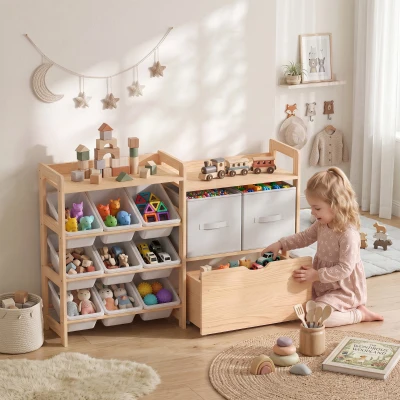 Qaba Wooden Toy Storage Organizer with Chest, Drawers & Bins, 9-Piece