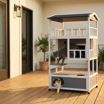 PawHut Wooden Outdoor Cat House, Light Gray
