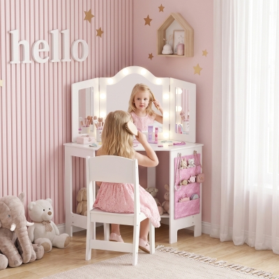 Qaba Kids Vanity Table and Chair Set with Lights, Makeup Dressing Table with Tri-Fold Mirror for Ages 3-8 Years, White