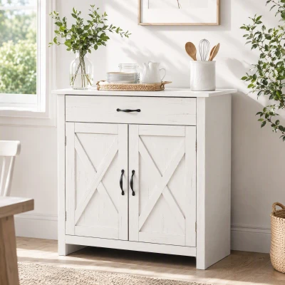 HOMCOM Farmhouse Barn Door Sideboard Cabinet with Drawer, White Wash