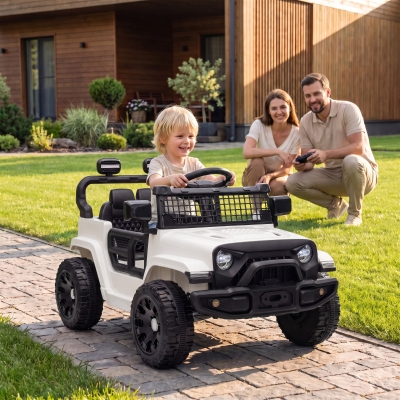 Qaba 12V Electric Car for Kids with Remote, Dual Motors, Rear Suspension, Soft Start, Music, Lights for 3-8 Years, White