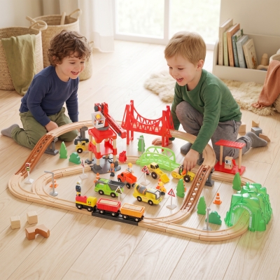 Qaba 91-Piece Wooden Train Set, Toy Railway Set with Magnetic Crane, Sound Effects Track, for Kids Ages 3+