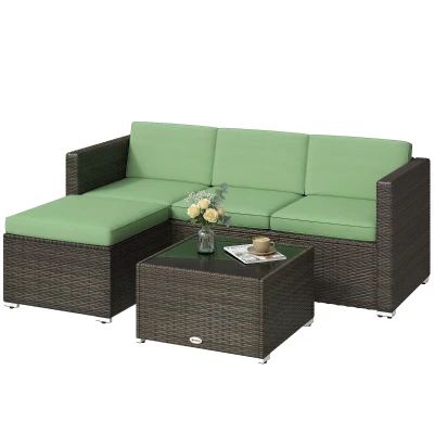 Outsunny 3 Pieces Patio Furniture Set with Cushions, Outdoor PE Rattan Wicker Conversation Corner Sofa Set, Light Green
