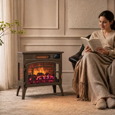 HOMCOM Smart Electric Fireplace Stove, 3-Sided Glass Heater, Brown